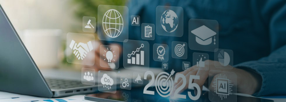 A laptop and hands in an office overlaid with icons and the number 2025